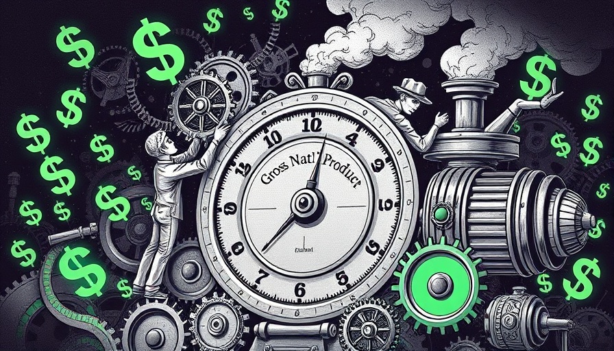 Economic illustration with growth meter and machinery conveying current affairs.