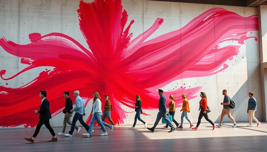 Carly Murphy Art Basel vibrant mural with visitors walking.