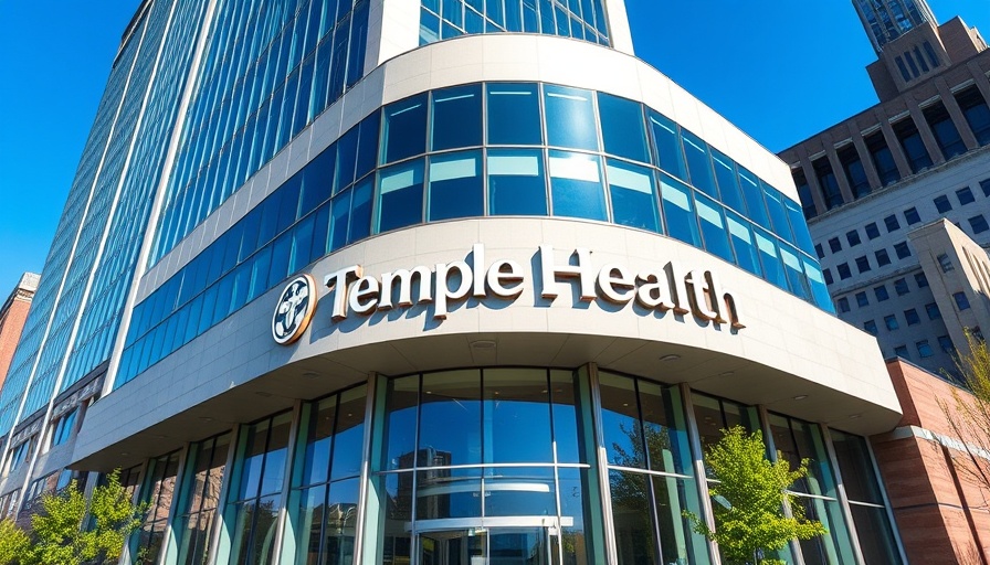 Temple Health building exterior with logo under blue sky