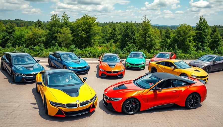 Vibrant BMW sports cars at auction with scenic green backdrop.