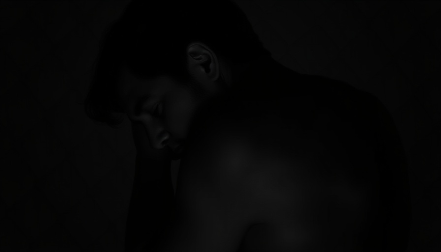 Shadowed person deep in thought, dimly lit in monochrome setting, related to RM's Exhibition at SFMOMA.