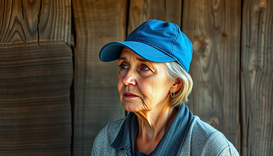 Middle-aged woman in blue cap by wooden wall, thoughtful expression.