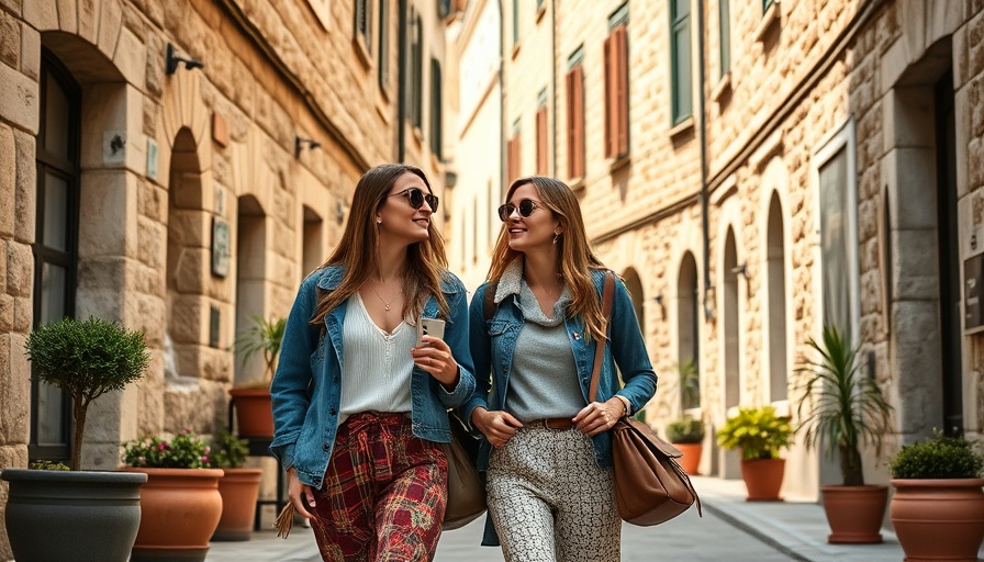 Stylish tourists explore historic street, perfect for finding cheap flights.