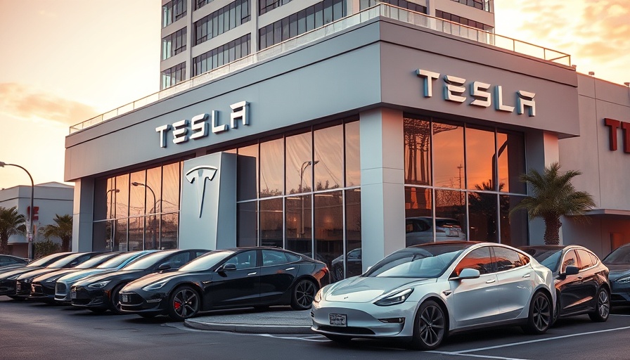 Tesla dealership in California at sunset reflecting on insurance issues.