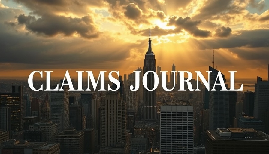 Modern skyline with 'Claims Journal' text representing insurance claim process.