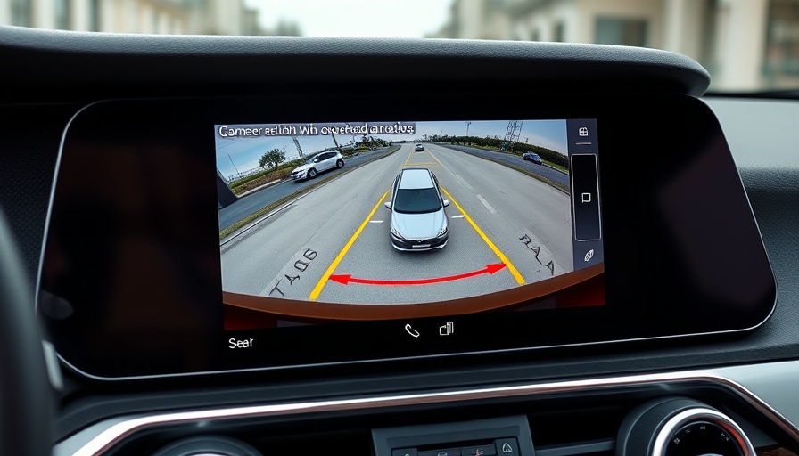 Backup camera screen in a car showing rear view, enhancing safety.
