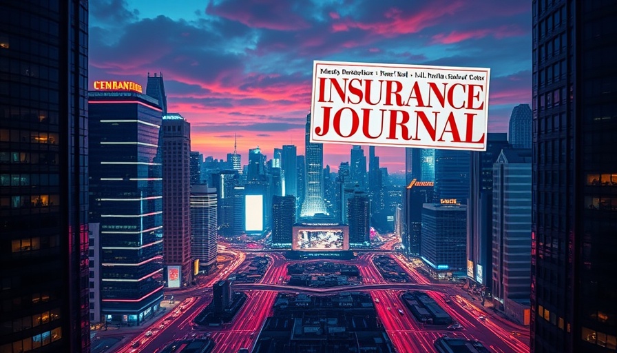 Vibrant cityscape with 'Insurance Journal' cover, depicting insurance claim trends.