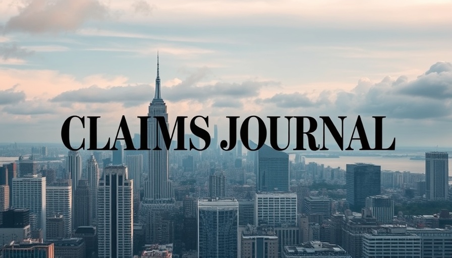 Insurance claim process cityscape with Claims Journal text