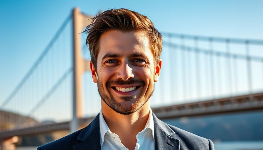 Professional insurance agent smiling outdoors near a bridge under blue sky.