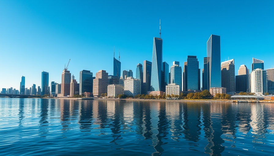 Urban skyline reflecting in a river, symbolizing insurance claim process.