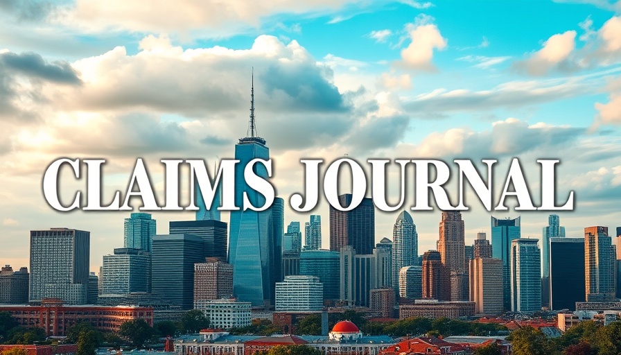 Urban skyline with 'Claims Journal' text, insurance claims process theme.