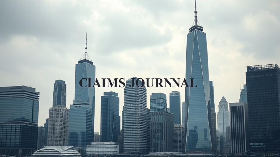 Modern city skyline with 'Claims Journal' sign representing insurance claims process.