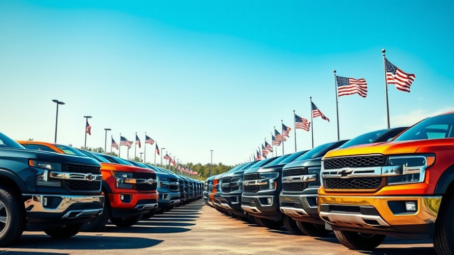 Row of trucks at dealership, related to insurance claim process.