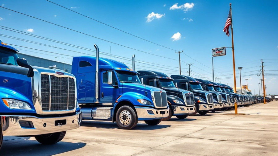 Line of trucks at dealership under clear sky, insurance claims process.