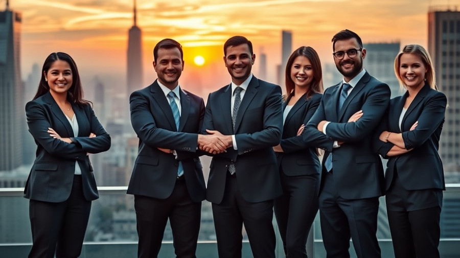 Professionals shaking hands over cityscape, insurance claim disputes concept.