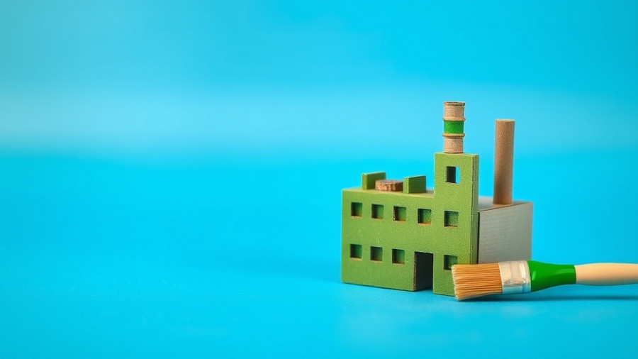 Cardboard factory painted green, symbolizing greenwashing, against blue background.