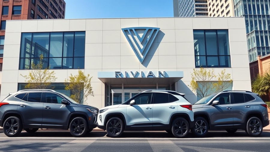 Rivian SUVs parked outside company building, reflecting settlement impact on EV buyers.