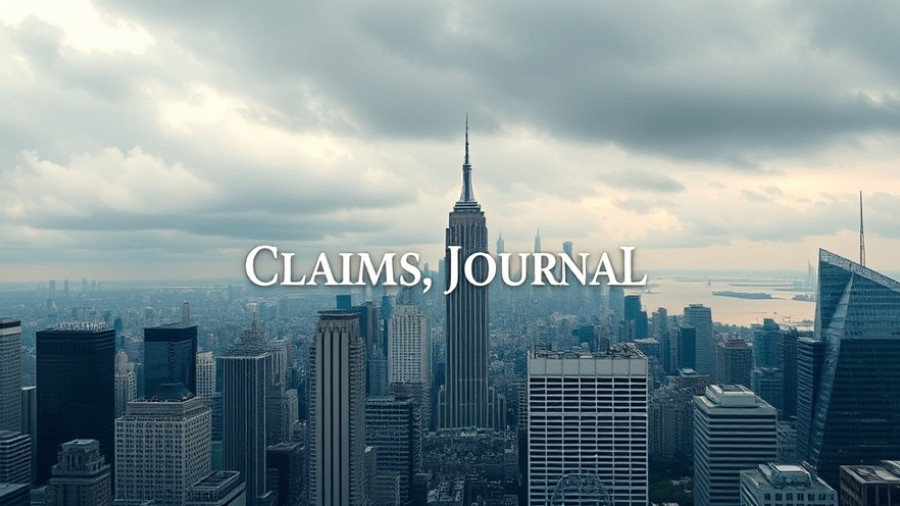 Claims Journal cover over city skyline with clouds.