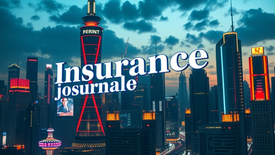 Futuristic cityscape with Insurance Journal logo and neon lights.