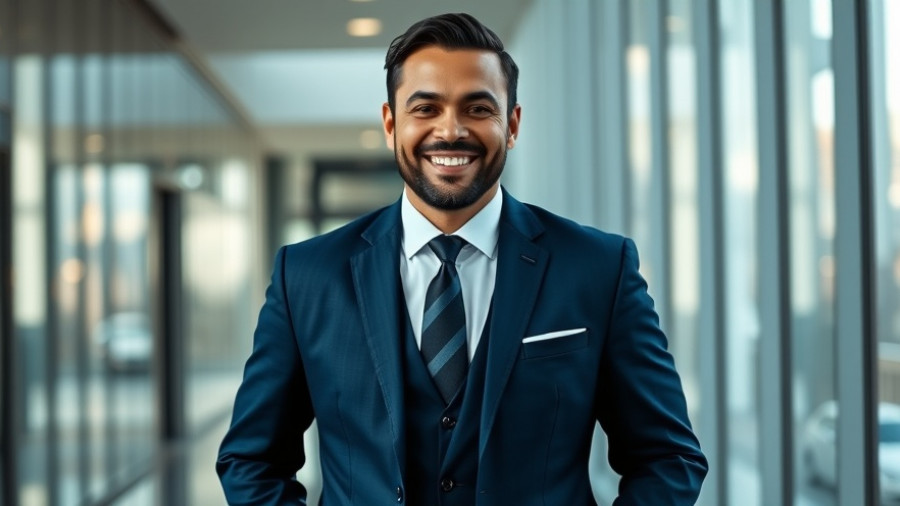 Smiling professional man in suit, indoors, construction insurance claims theme.