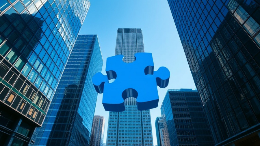 Blue puzzle piece among skyscrapers, symbolizing business solutions. Insurance news SC.