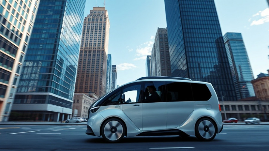 Futuristic driverless minivan showcasing advanced technology in a city.