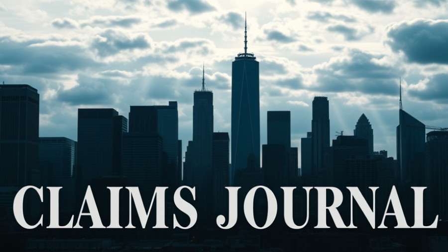 Insurance claims process concept art with 'Claims Journal' over city.