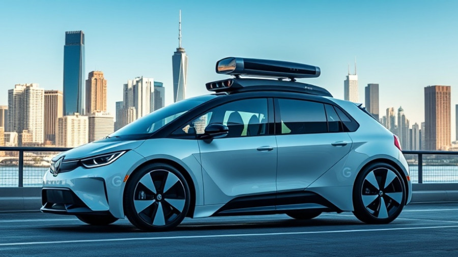 Futuristic Chinese robotaxi in urban setting with skyline.