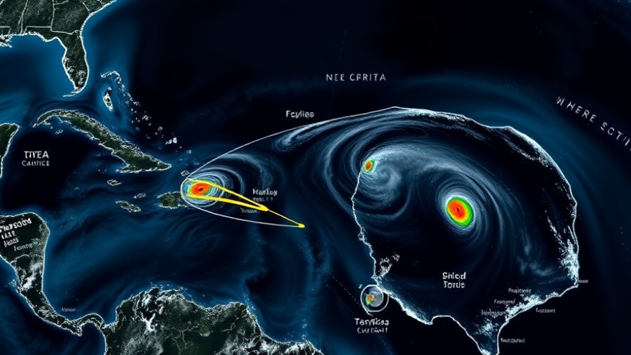 Map showing projected hurricane path over the Caribbean for hurricane insurance claims process.