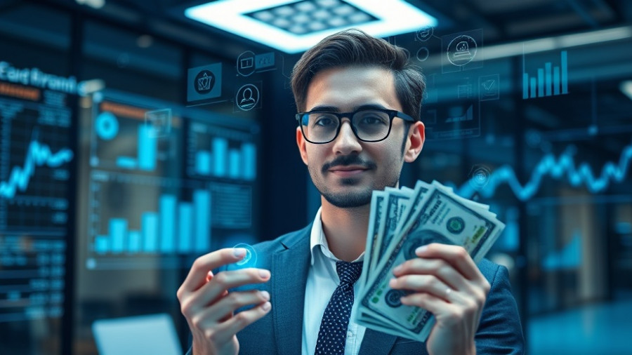 AI in insurance claims concept with holographic visuals and financial imagery.