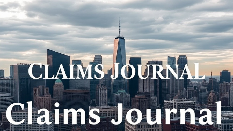 Modern cityscape with Claims Journal overlay, cloudy sky.