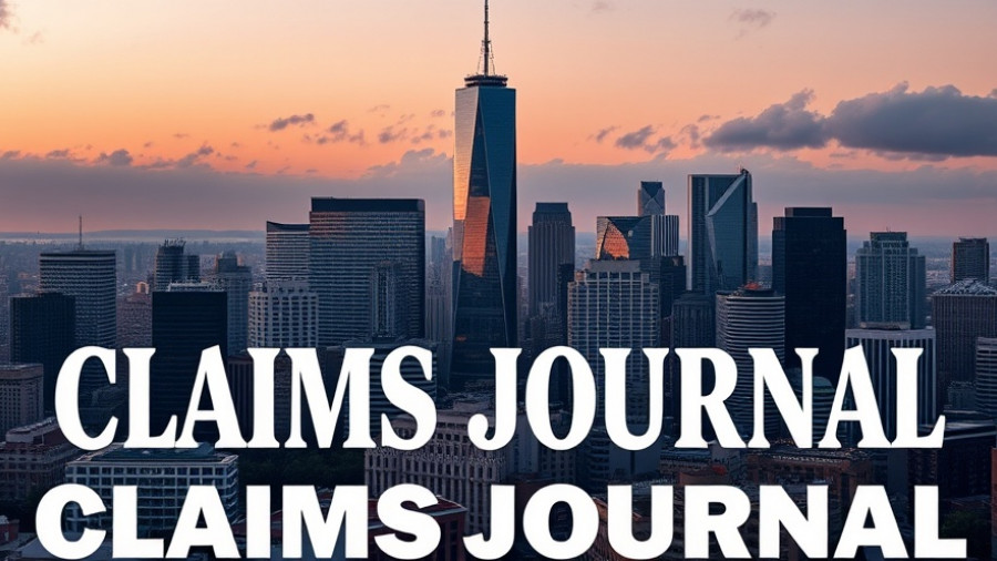 Urban skyline at dusk with 'Claims Journal' text overlay.
