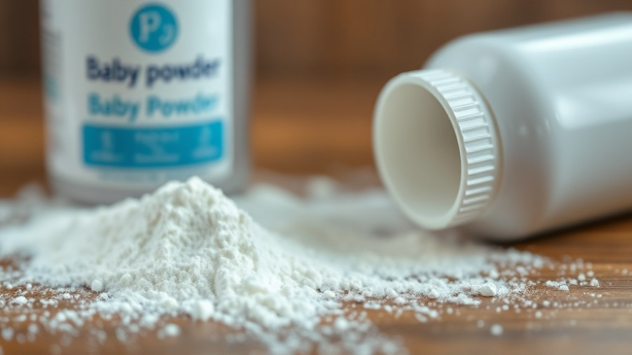Close-up of baby powder bottle with scattered powder, insurance claims process