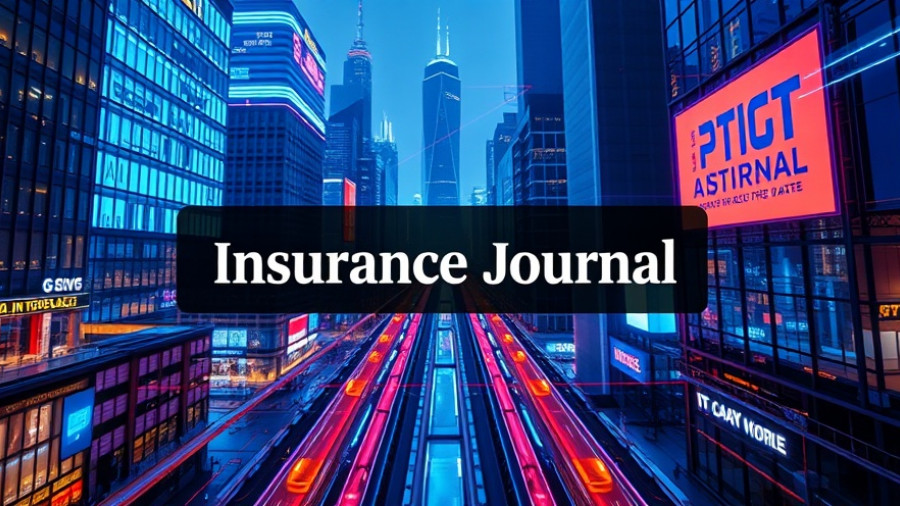 Futuristic cityscape with data overlays, Insurance Journal text