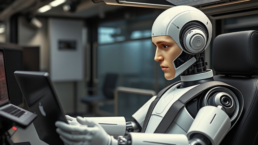 Crash test dummy viewing Top Safety Pick test results on laptop in office.