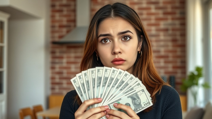 Concerned woman holding cash, pondering costs in home.