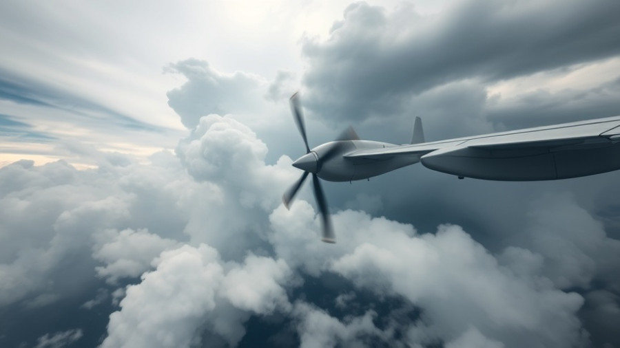 Airplane flying through storm clouds, propeller visible, turbulent sky.