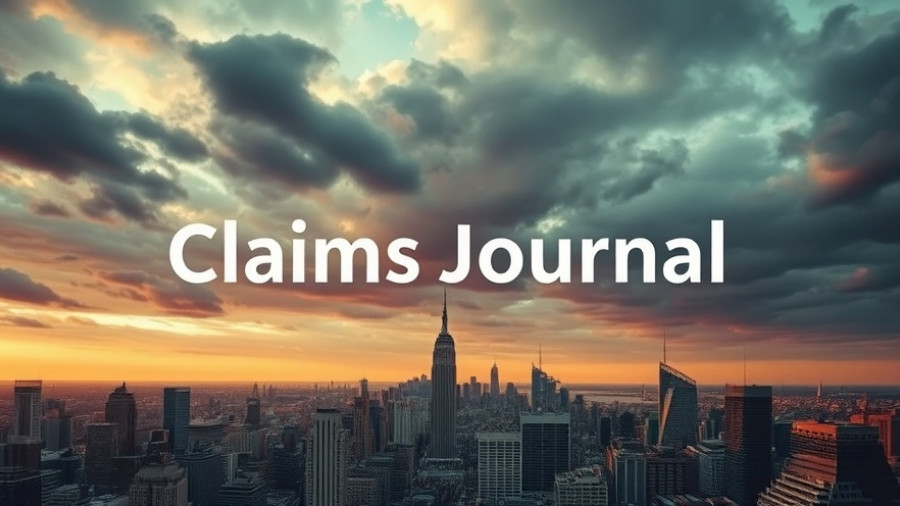 Claims Journal overlay on cityscape, insurance claim process theme.