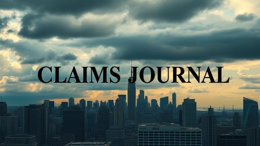 Urban skyline with 'Claims Journal' sign, related to insurance claims process.