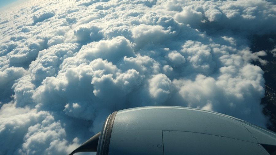 Aerial view from aircraft in a stormy sky, featuring clouds and a propeller.