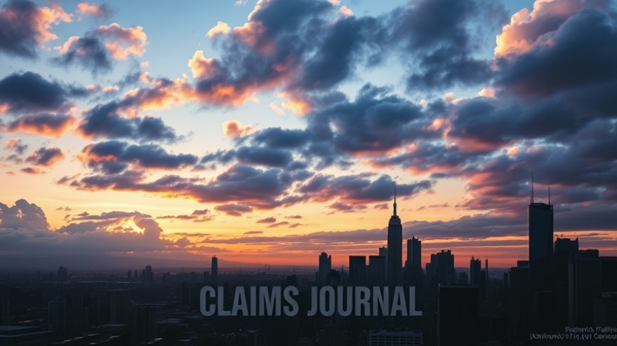 Modern skyline with 'Claims Journal' overlay, insurance claims process.