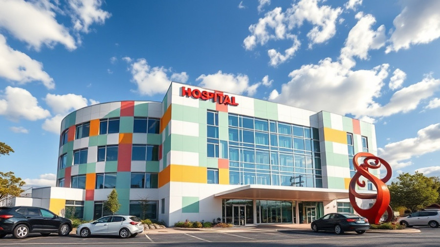 Modern hospital building exterior in Florida with parked cars.