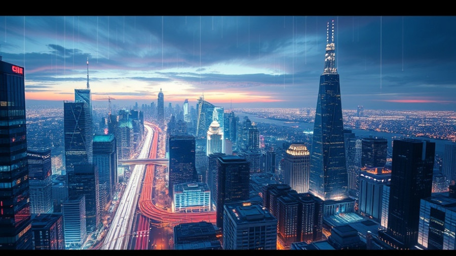 Futuristic cityscape with digital overlay at twilight.