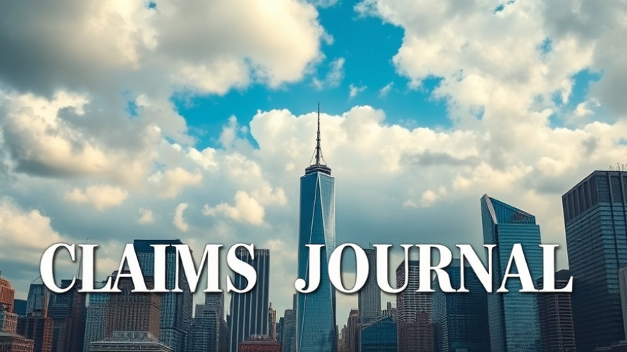 Modern skyline with 'Claims Journal' text representing insurance claim process.