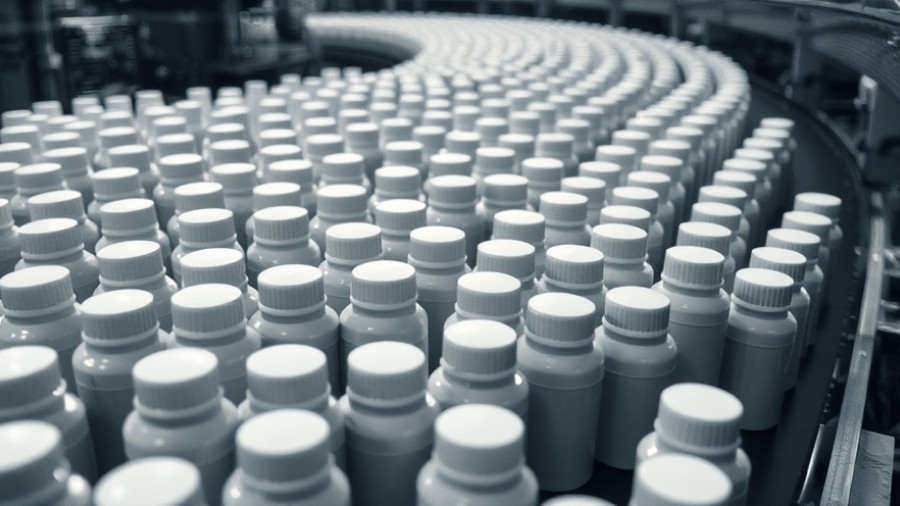 Empty pill bottles on conveyor line during opioid distributors lawsuit. 