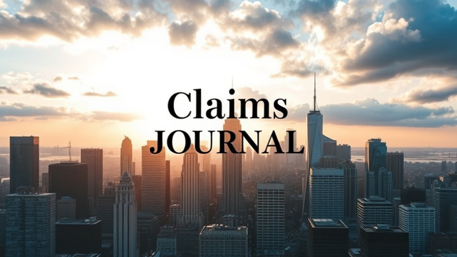 Claims Journal logo over modern city skyline, insurance claims process