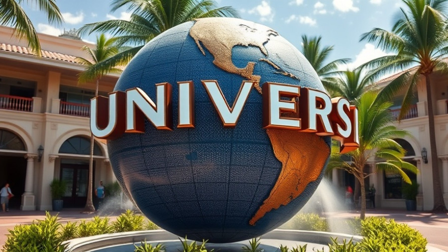 Universal globe sculpture at exterior plaza, bright daylight.