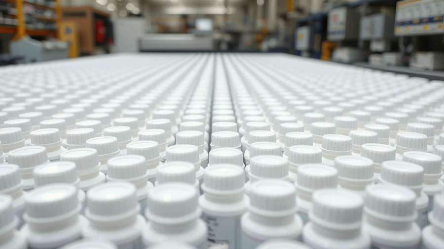 Opioid distributors lawsuit concept with empty pill bottles in a factory setting.