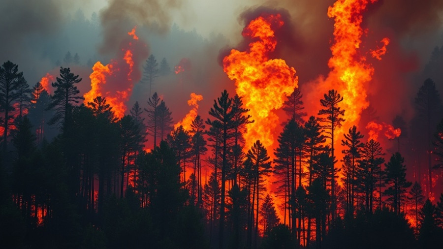 Intense forest wildfire flames with smoke, illustrating wildfire insurance coverage challenges.