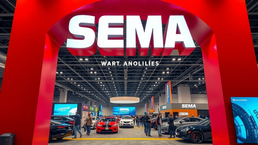 Collision Repair at SEMA Show arch entrance with conference speakers.